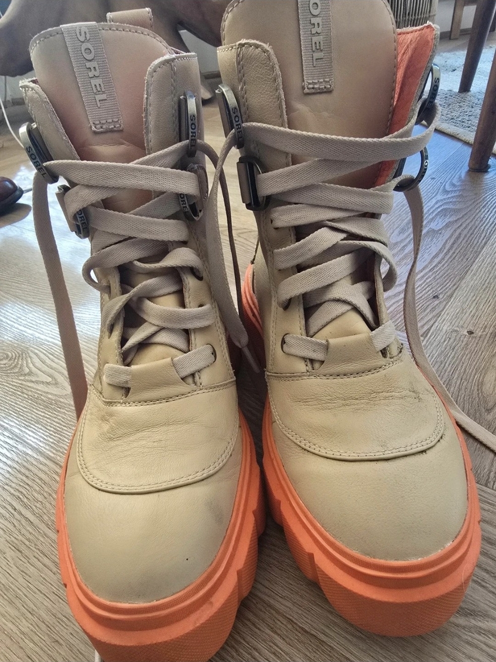 Sorel Beige Leather Lace-Up Boots with Orange Platform